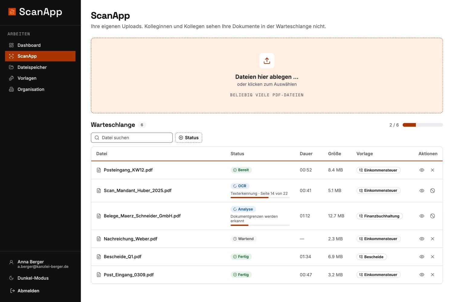 ScanApp-Warteschlange mit Upload-Bereich und Verarbeitungsstatus