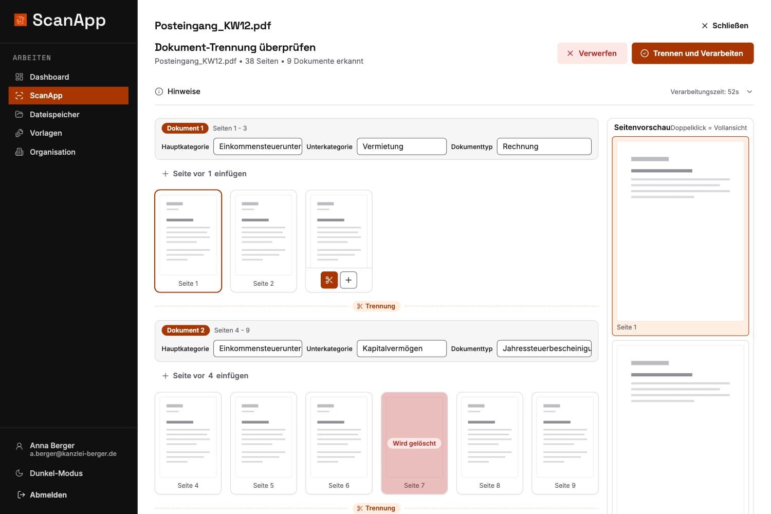 ScanApp: Trennungen und Kategorien vor dem Verarbeiten prüfen
